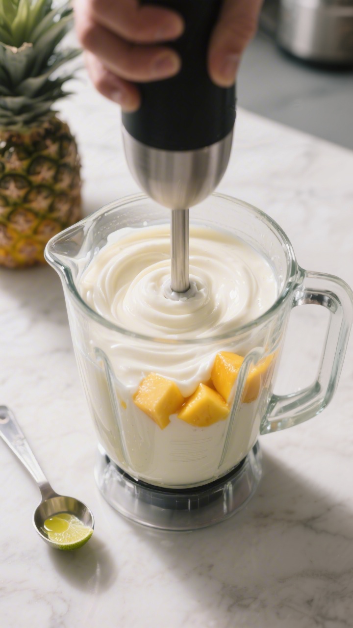 Cooking process: Blender jar loaded and blending to a smooth, creamy consistency—milk at the base,