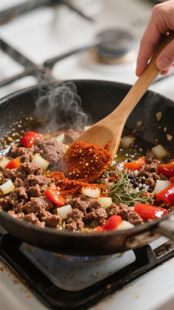 Cooking process — Blooming spices in action: A deep, well-seasoned skillet over medium heat with b
