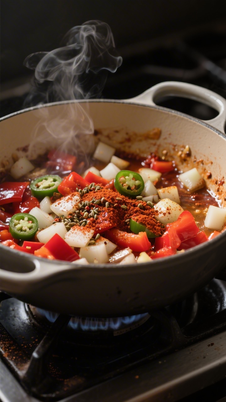 Cooking process — blooming spices in action: A medium-close shot of a Dutch oven on the stovetop w