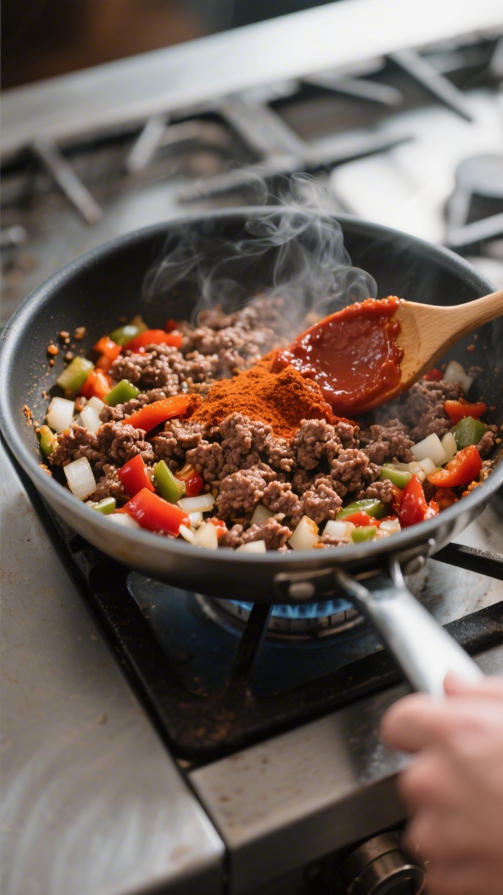 Cooking process — Browning ground beef with diced onion and bell pepper in a deep skillet, spices