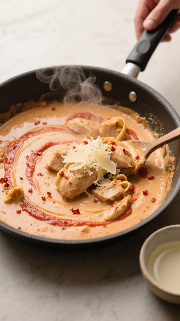 Cooking process: Building the sauce in a large skillet—creamy Cajun sauce mid-simmer with tomato p
