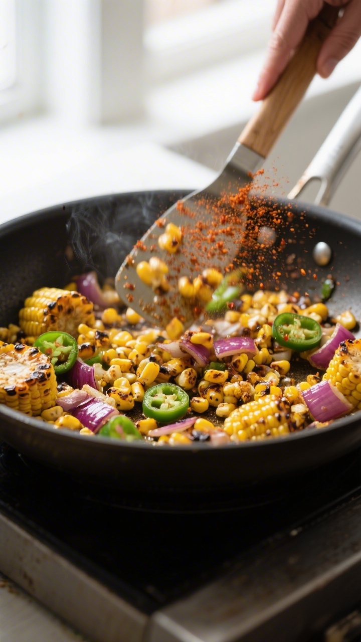 Cooking process: Charred corn in a large skillet, kernels blistered and caramelized with bits of sau