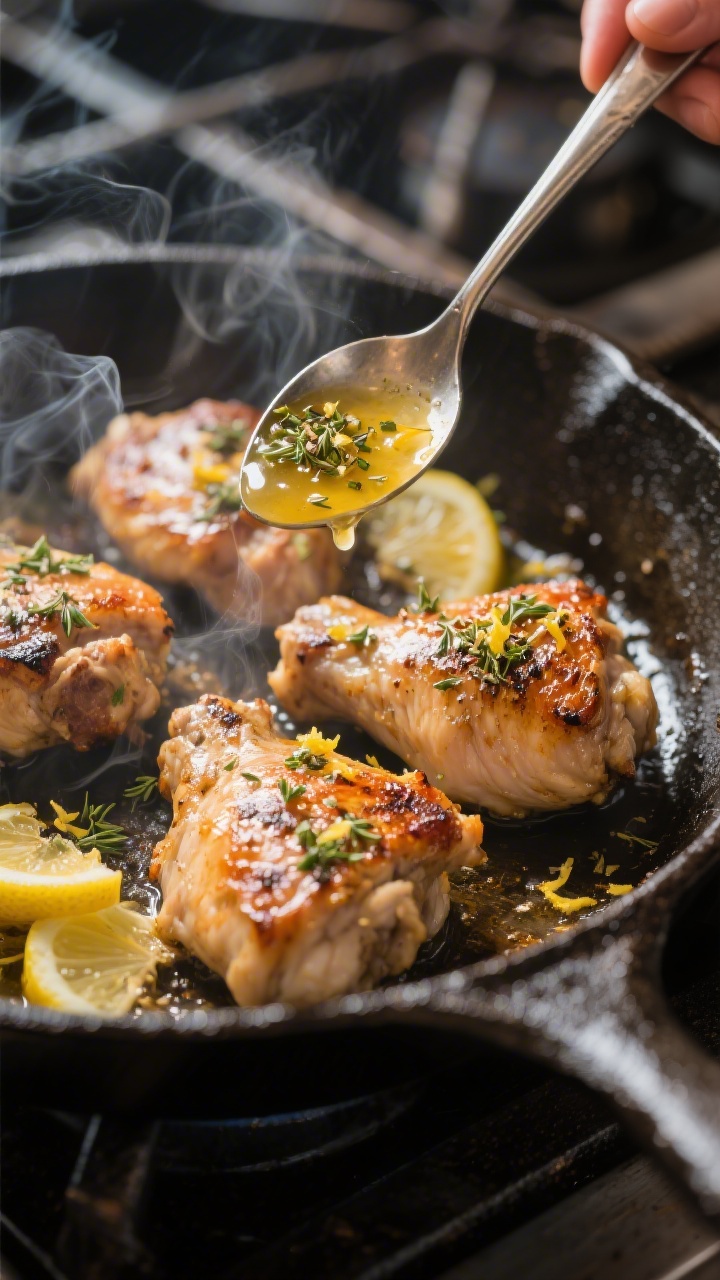 Cooking process: Chicken thighs sizzling in a hot cast-iron skillet, beautifully browned edges and s