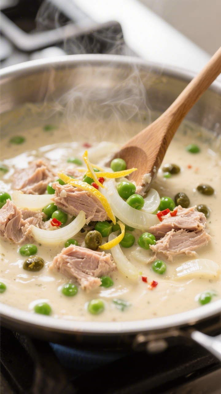 Cooking process close-up: Creamy tuna sauce simmering in a stainless-steel skillet, showing glossy e