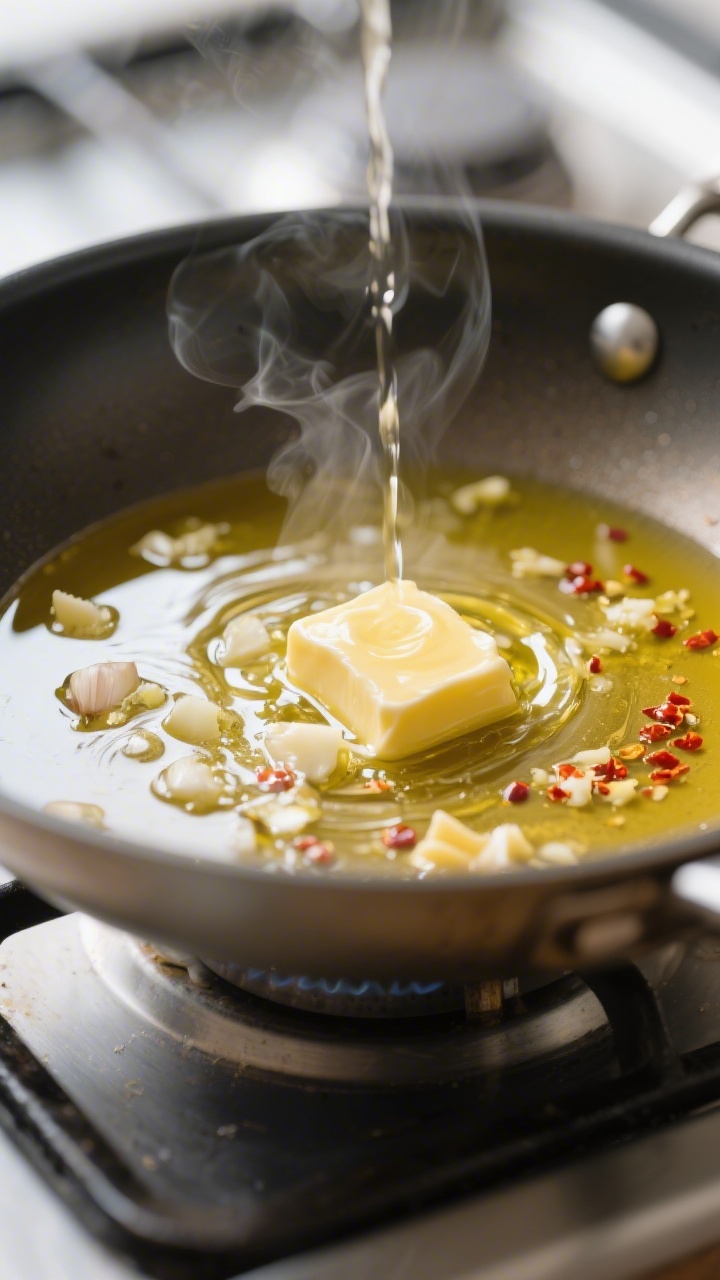 Cooking process, close-up detail: In a wide stainless skillet over medium heat, glossy melted butter