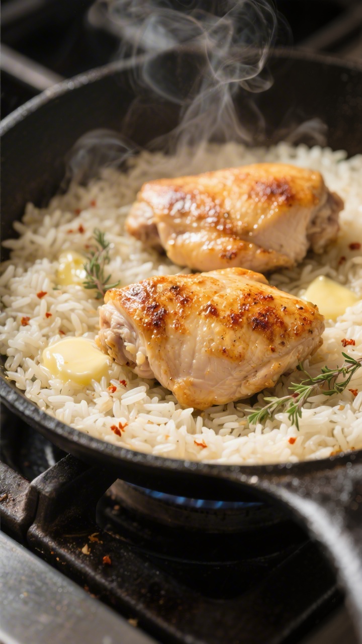 Cooking process close-up: Golden-seared boneless chicken thighs nestled over toasting long-grain ric