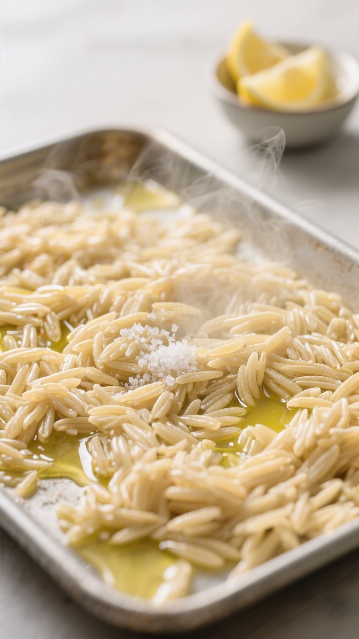 Cooking process — Close-up of freshly cooked orzo spread on a sheet pan, glistening with a light d