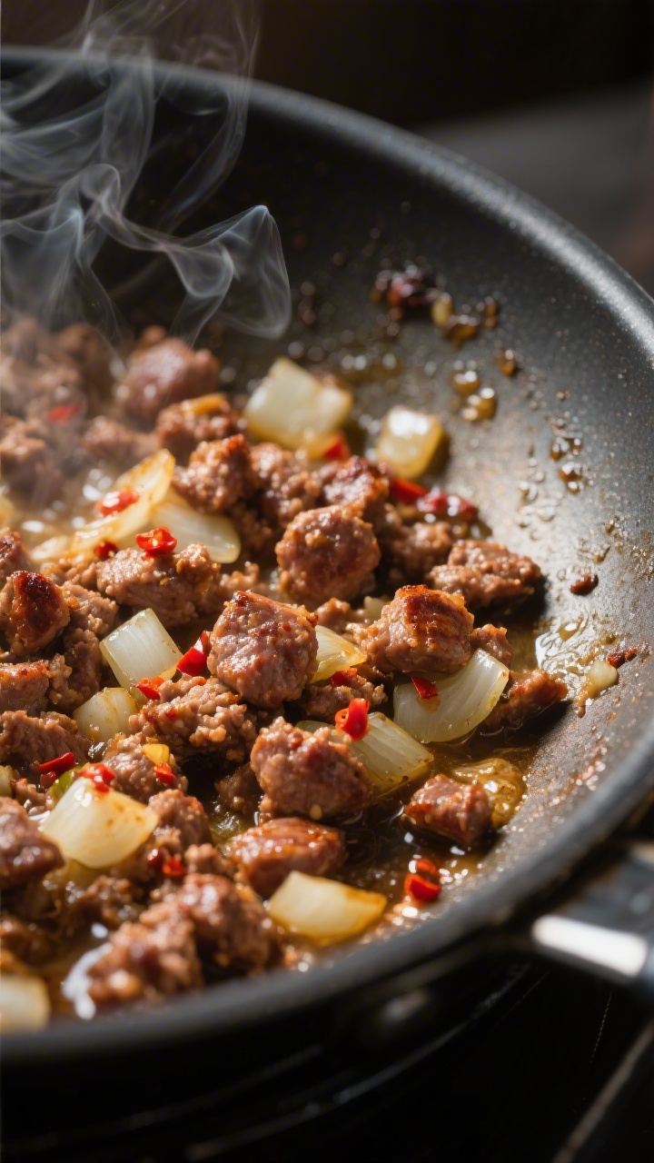 Cooking process: Close-up of Italian sausage crumbles browning in a deep skillet, edges caramelized