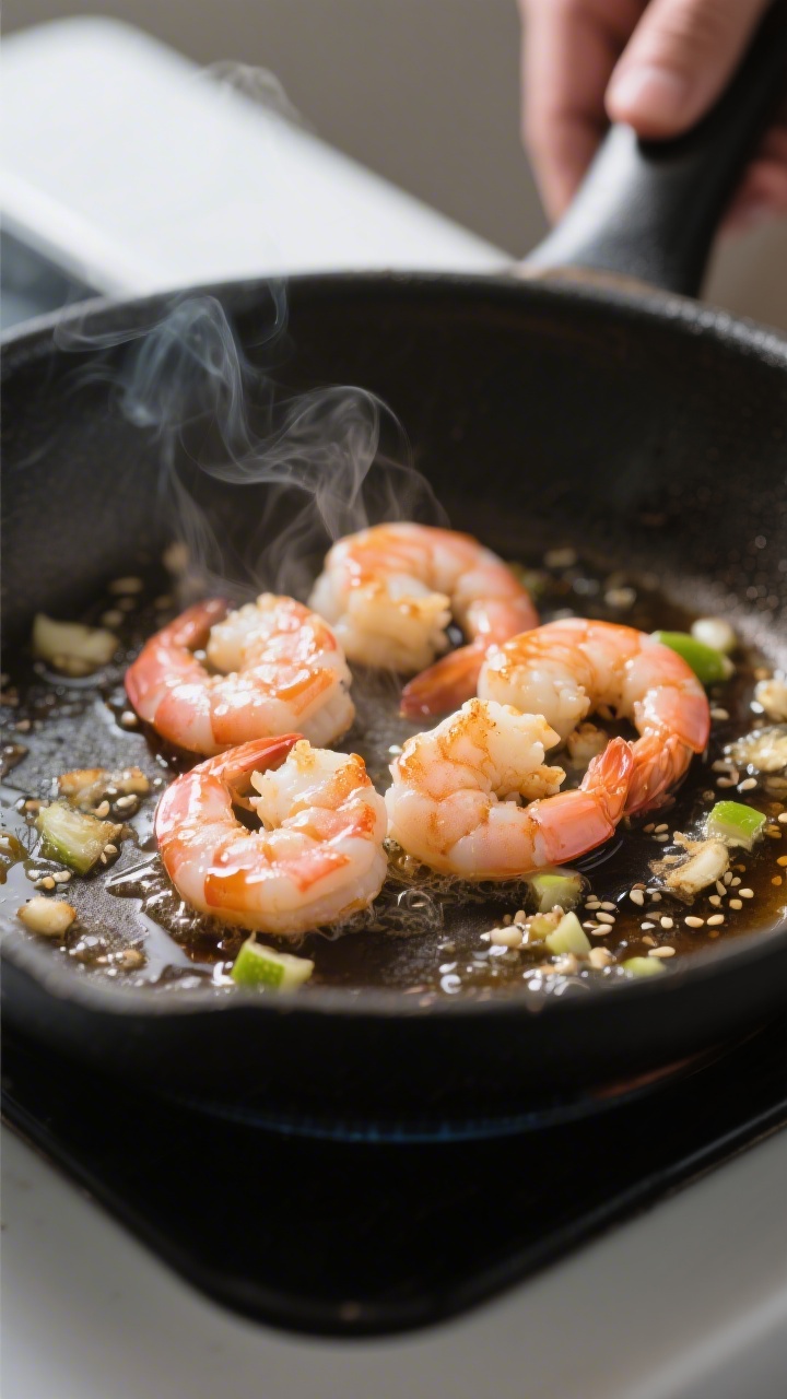 Cooking process, close-up: Searing shrimp in a hot skillet just after the flip, pink and lightly bro