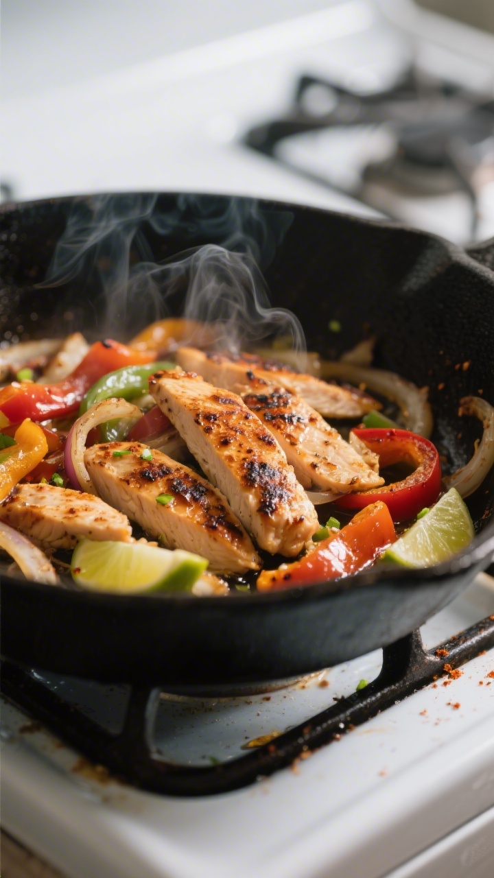 Cooking process close-up: Sizzling chicken fajita strips in a large cast-iron skillet, browned edges