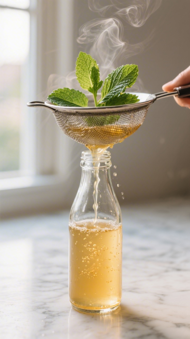 Cooking process close-up: Warm mint simple syrup being strained into a clear glass bottle, golden-sh