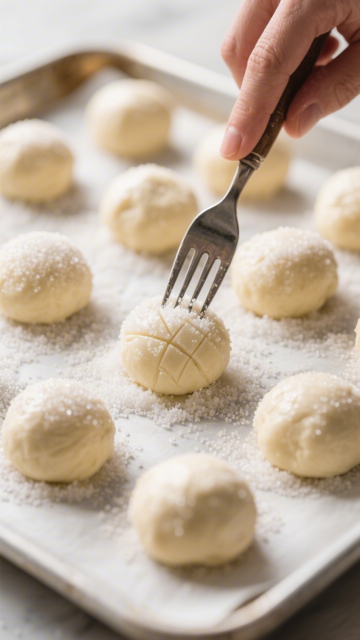 Cooking process: Dough balls rolled in granulated sugar being gently pressed with a fork into a cros