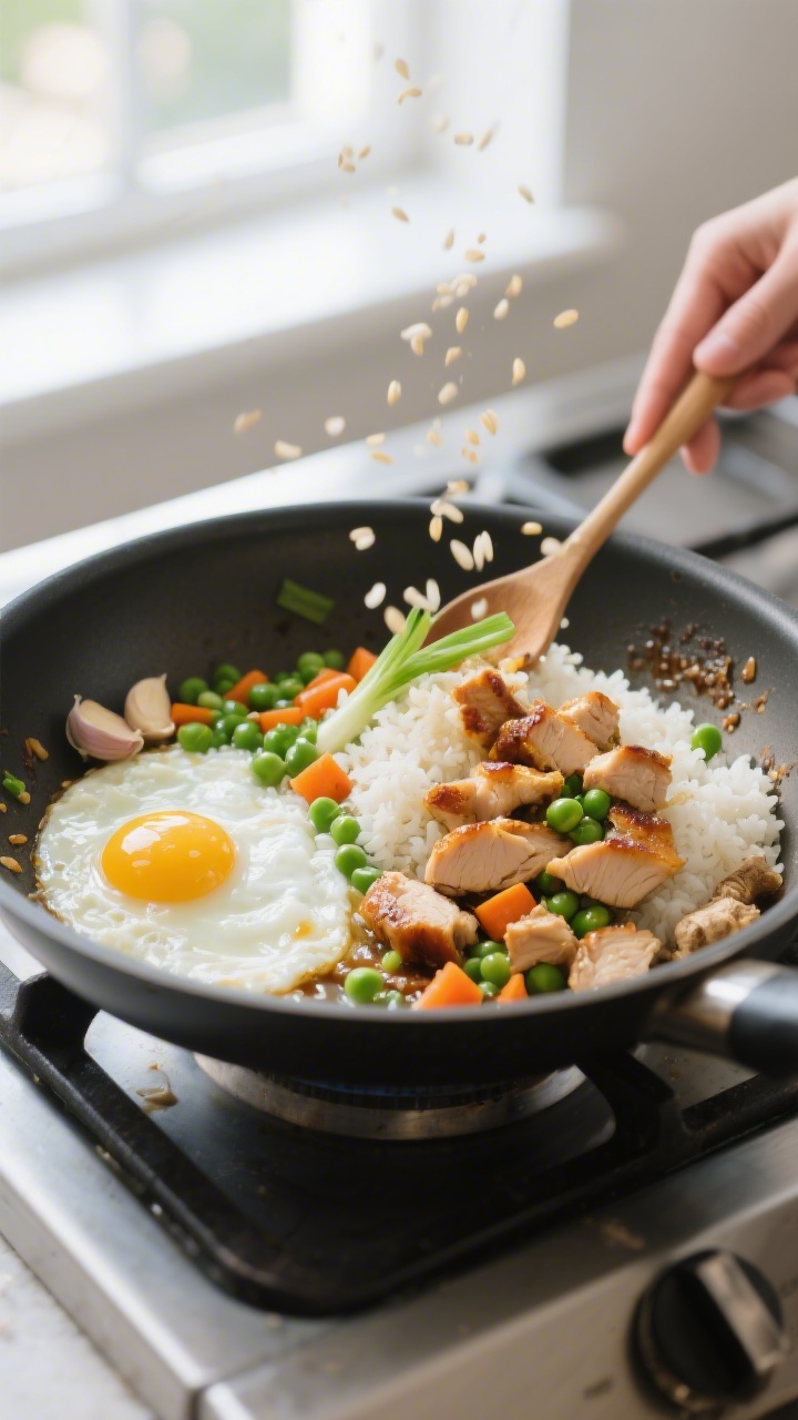 Cooking process: eggs just scrambled and pushed aside in the pan while fragrant garlic, ginger, and