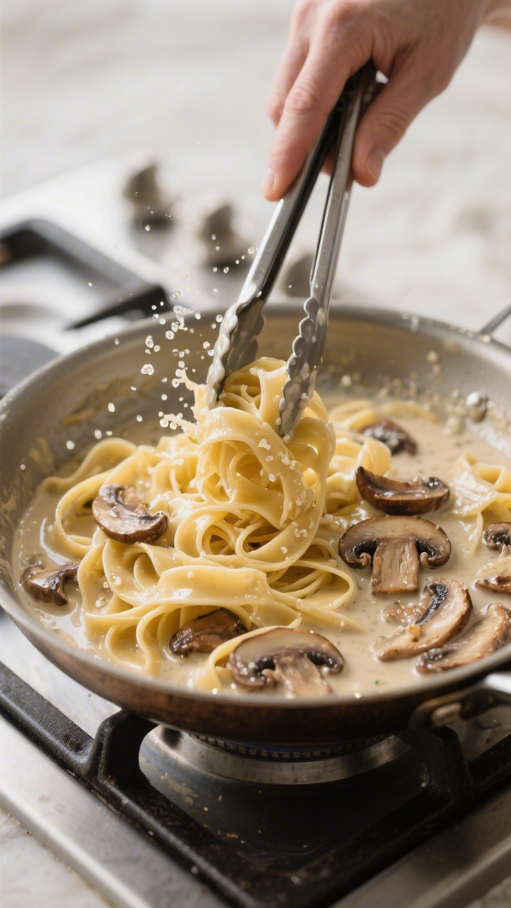 Cooking process: Emulsifying the sauce with pasta water—tagliatelle being tossed with tongs in a w