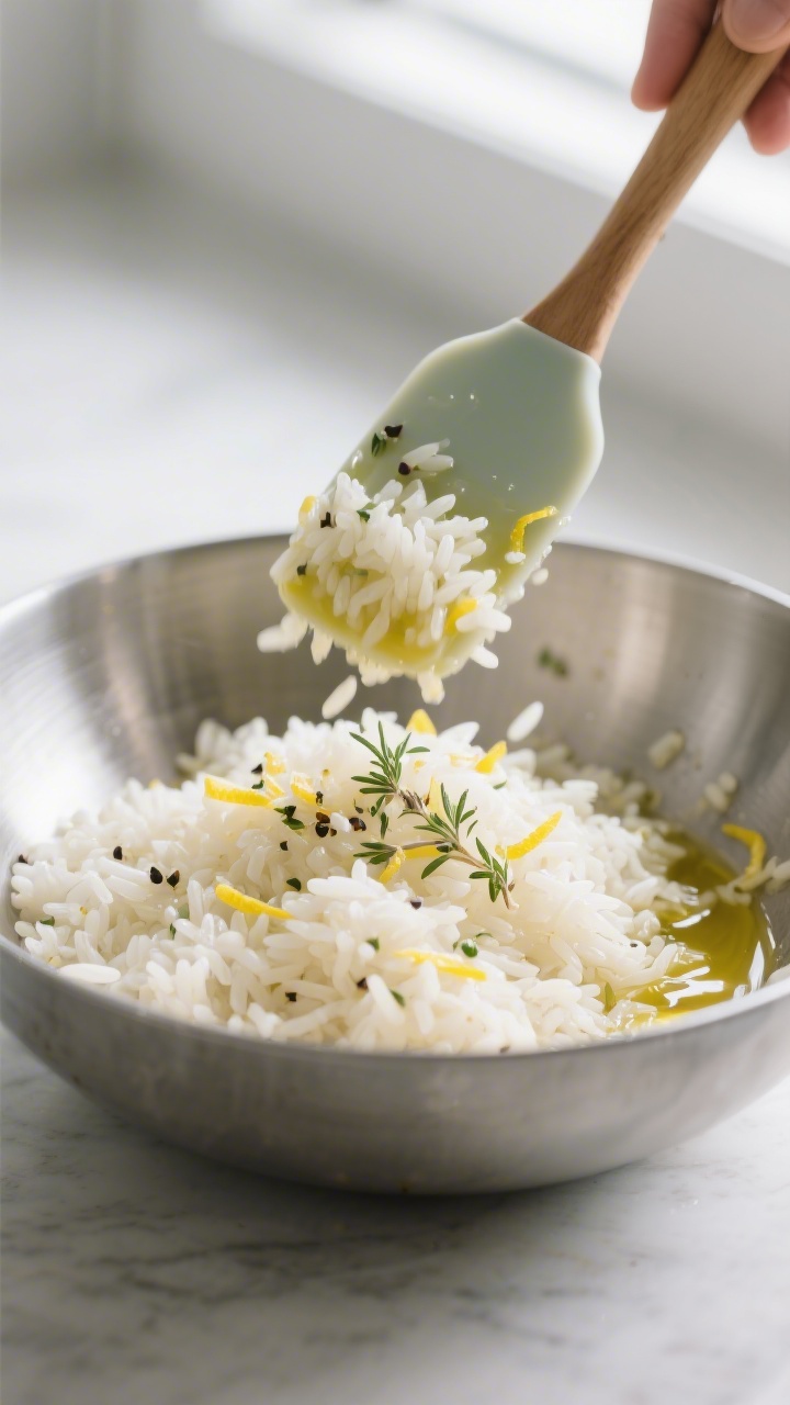 Cooking process: Fluffy long-grain rice freshly cooled and being tossed with a glossy lemon–olive