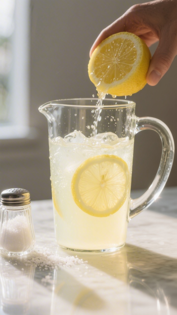 Cooking process: Freshly squeezed lemonade being combined in a glass pitcher—translucent pale-yell
