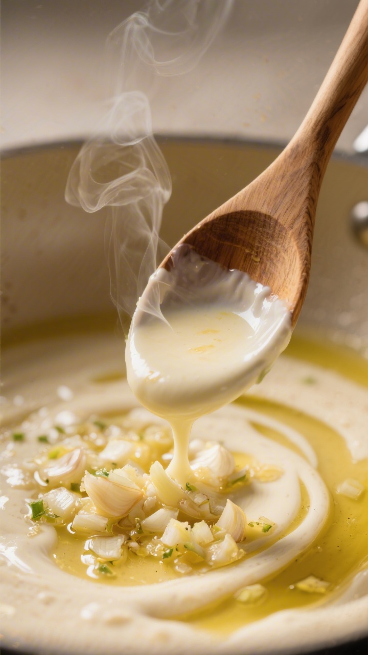 Cooking process: Golden, gently sautéed minced garlic in a butter-and-olive-oil mixture deglazed wi