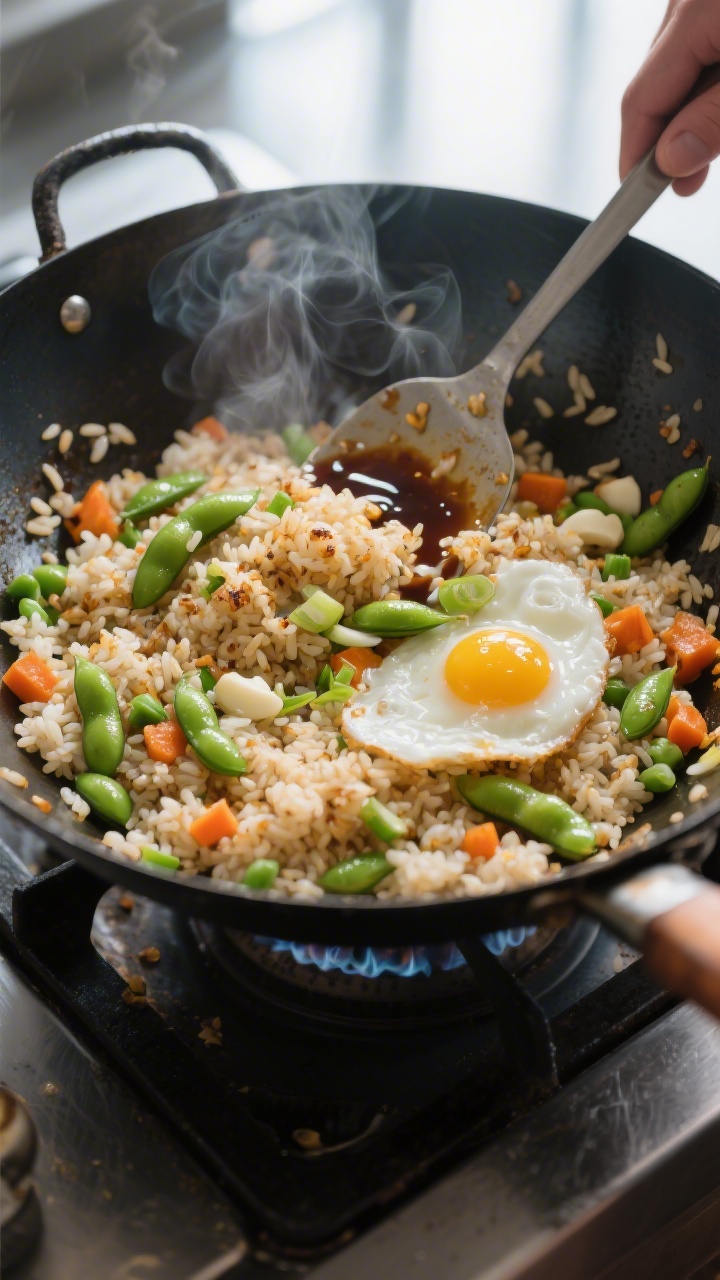 Cooking process: High-protein egg fried rice sizzling in a carbon steel wok, overhead angle capturin