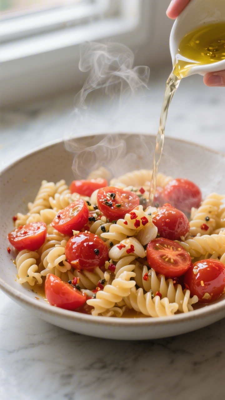 Cooking process — Hot pasta meets marinated tomatoes: A wide, shallow serving bowl filled with al 