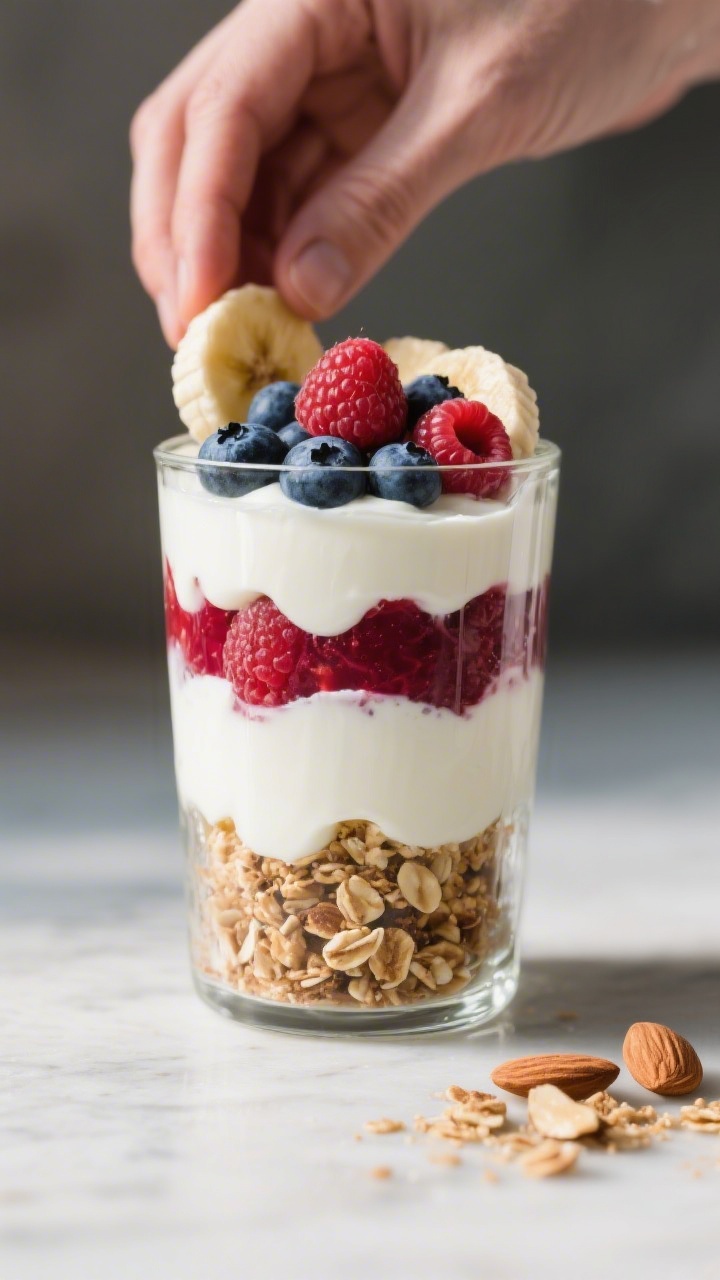 Cooking process: Layering the parfait in a clear tumbler—first layer of thick Greek yogurt, follow