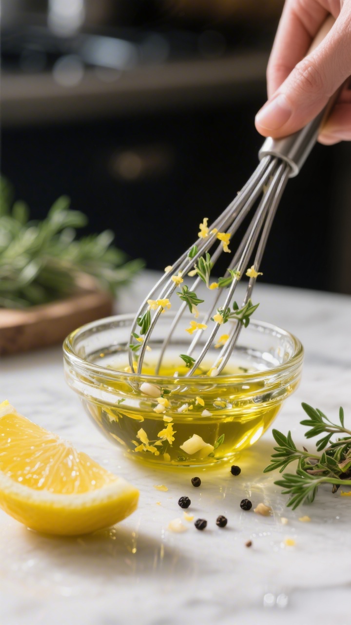 Cooking process: Lemon-oregano dressing being whisked until glossy in a small glass bowl, visible le