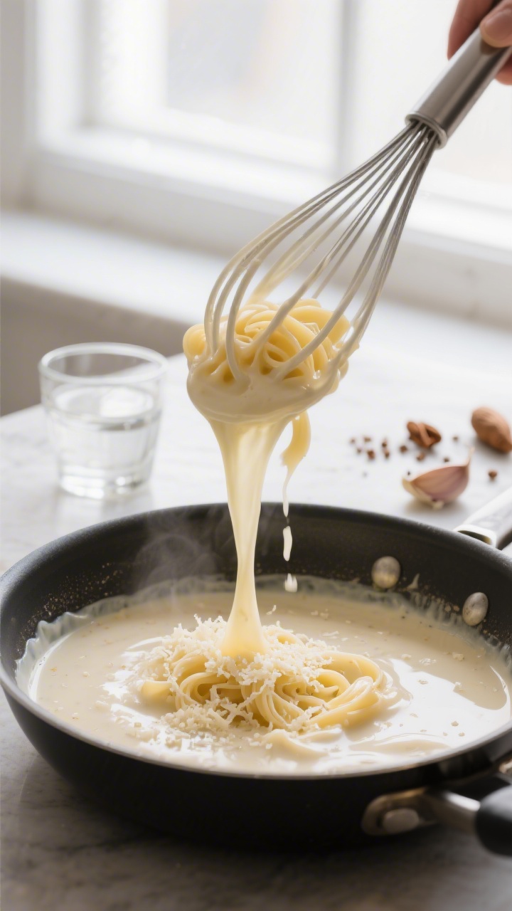 Cooking process: Lighter Alfredo sauce coming together in a sauté pan—silky, glossy sauce as Parm