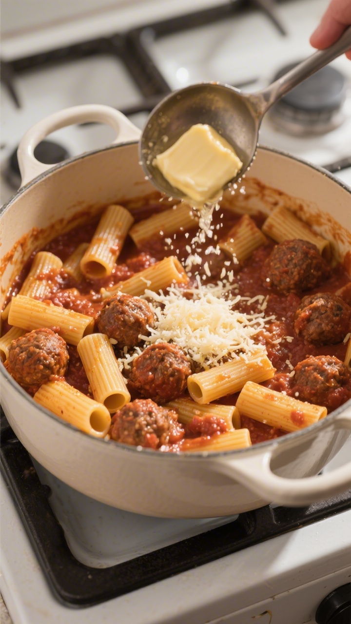 Cooking process: Marrying pasta and sauce in the pot—al dente rigatoni being tossed with the meatb