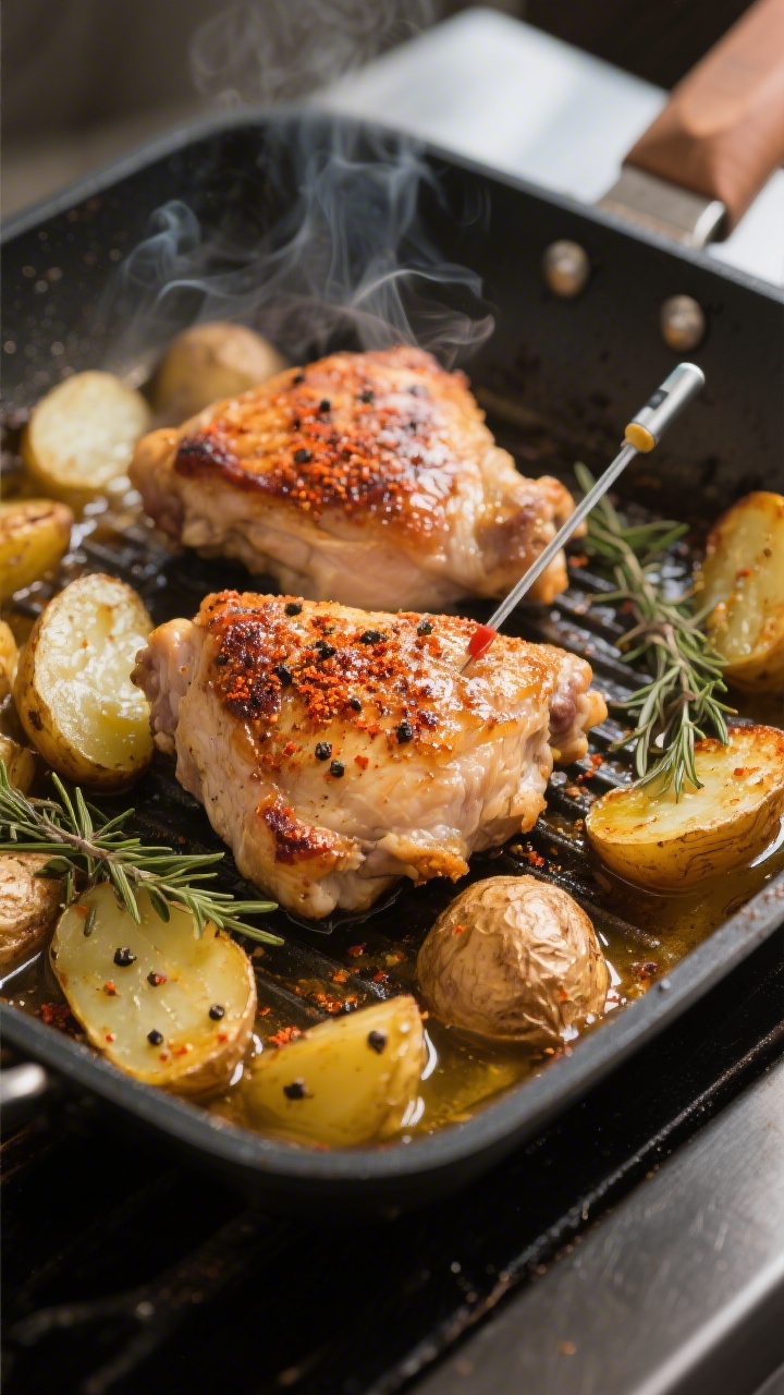 Cooking process: Mid-roast scene of chicken thighs skin-side up, broiler just starting to deepen col