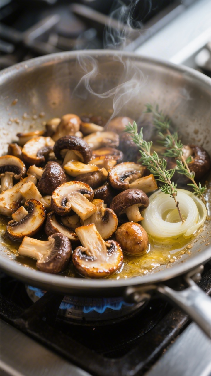 Cooking process – Mushrooms searing in a wide stainless skillet: golden-browned edges on mixed cre