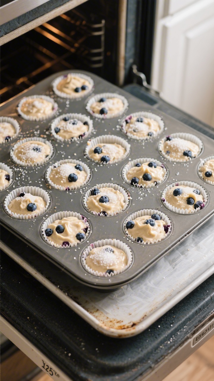 Cooking process: Overhead shot of a 12-cup muffin tin just filled to the rim with thick blueberry-st