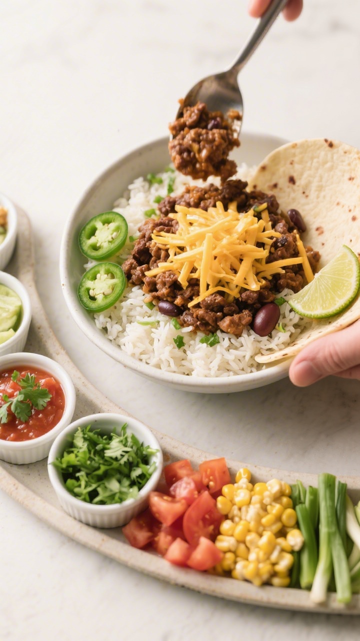 Cooking process: Overhead shot of a build-your-own burrito bowl station mid-assembly—warm cilantro