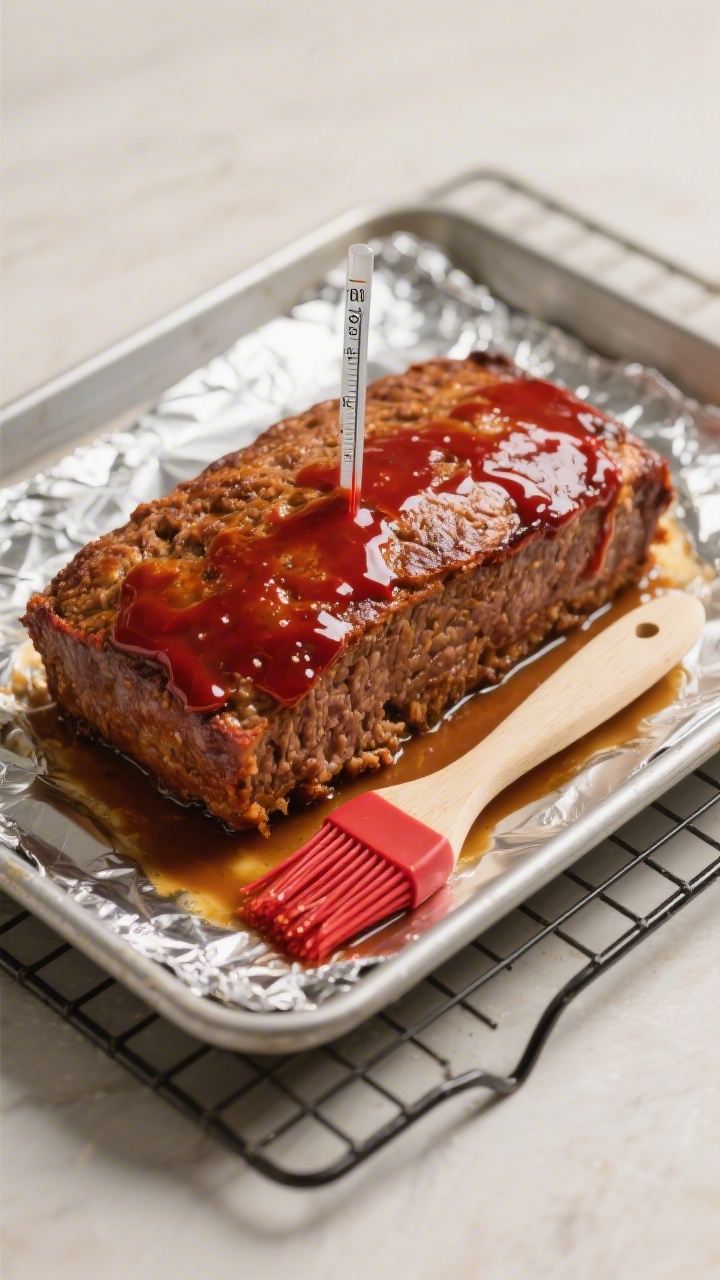 Cooking process: Overhead shot of a just-baked free-form meatloaf resting on a foil-lined sheet pan