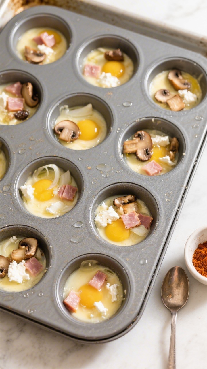 Cooking process: Overhead shot of a nonstick 12-cup muffin tin on a baking sheet, cups filled 3/4 wi