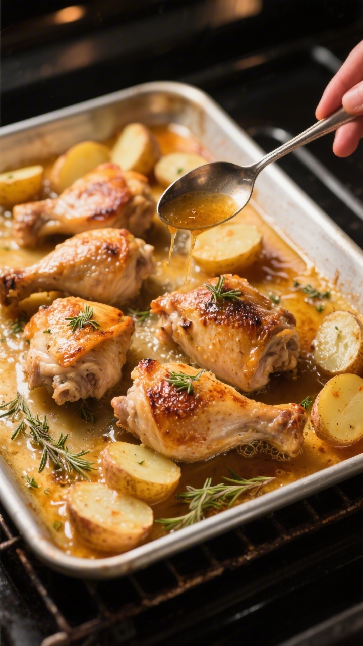 Cooking process: Overhead shot of a rimmed sheet pan mid-roast at the 35-minute mark—chicken piece