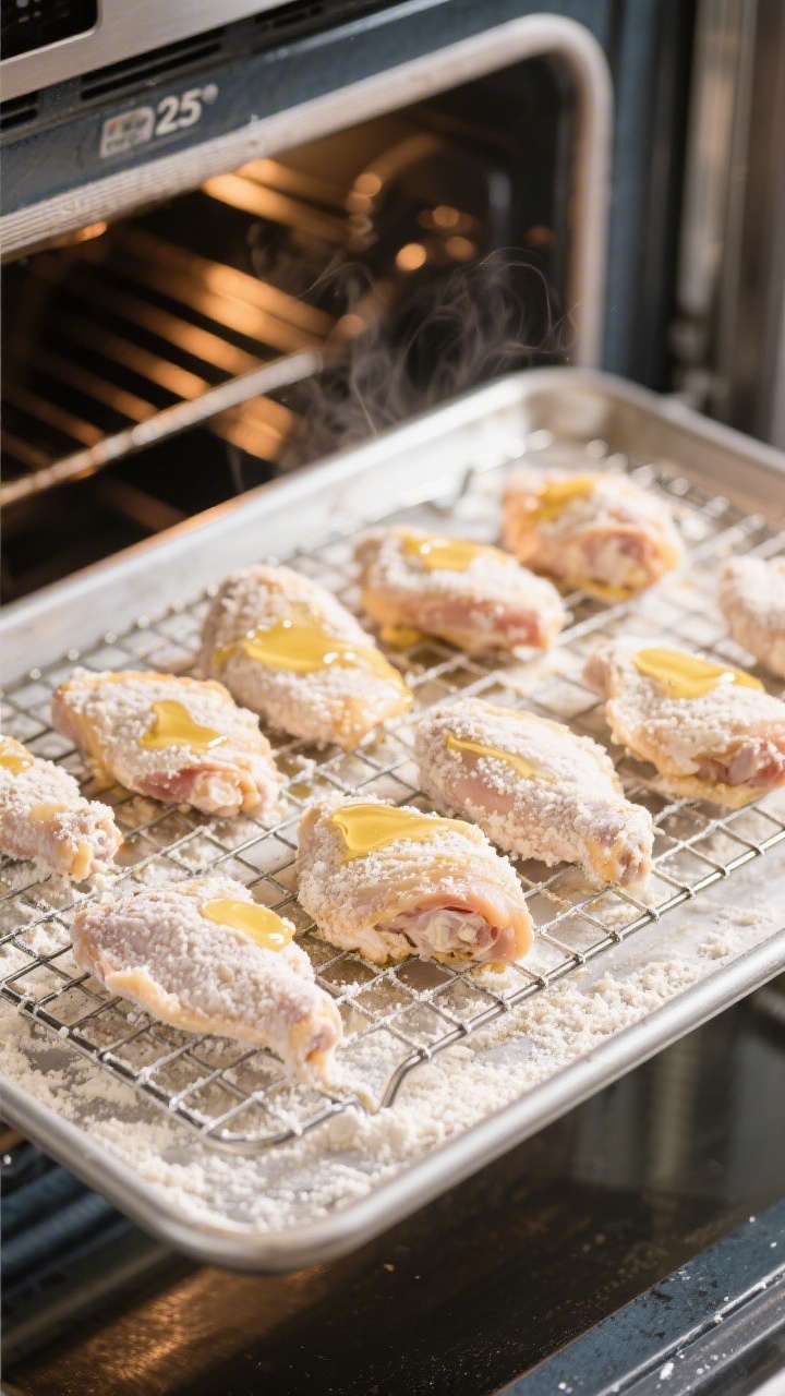 Cooking process: Overhead shot of coated chicken pieces arranged skin-side up on a wire rack set ove
