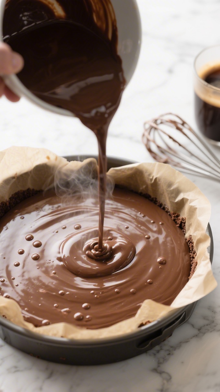 Cooking process: Overhead shot of glossy, thin chocolate batter being poured from a bowl into a parc