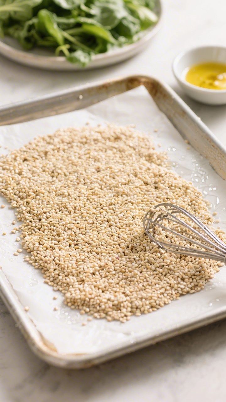 Cooking process: Overhead shot of grains being fluffed and cooled for the base—steaming quinoa spr