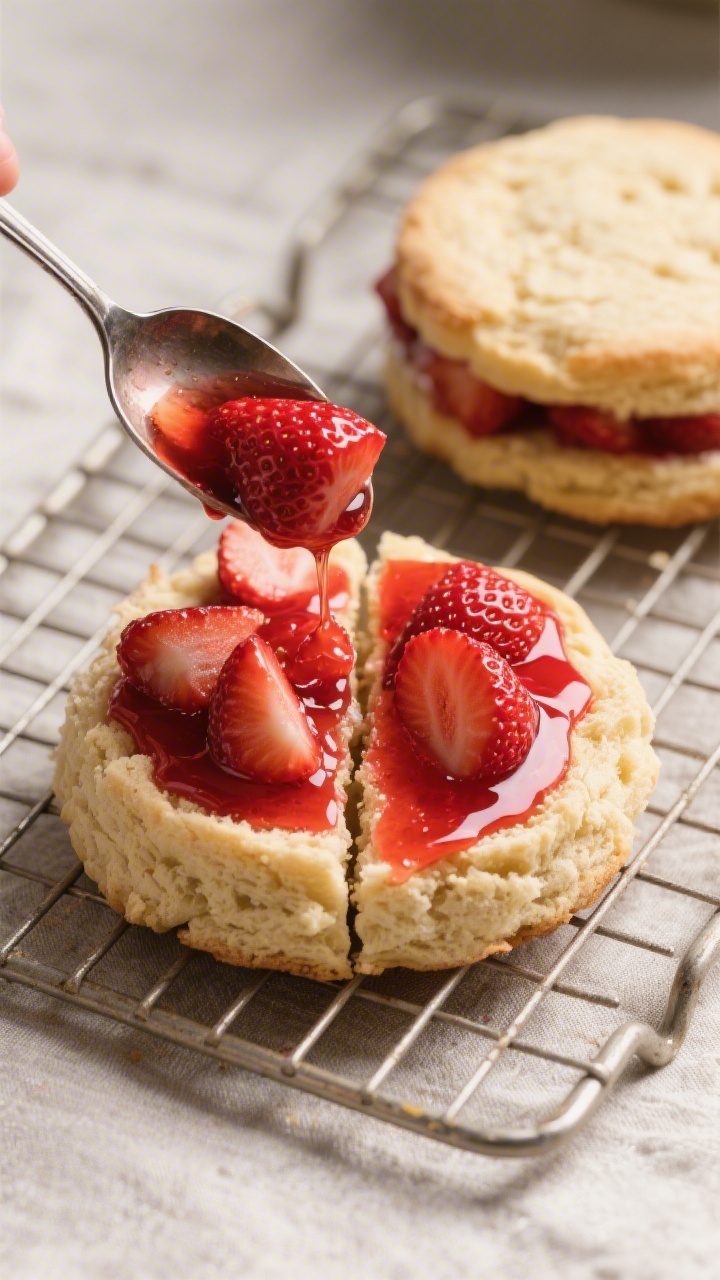 Cooking process: Overhead shot of macerated strawberries being spooned over a split shortcake on a c