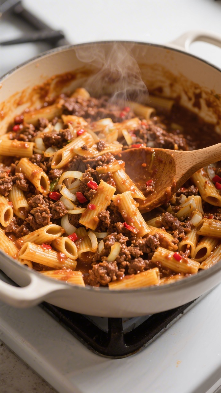 Cooking process: Overhead shot of sauced pasta being tossed with the robust meat sauce in a large po