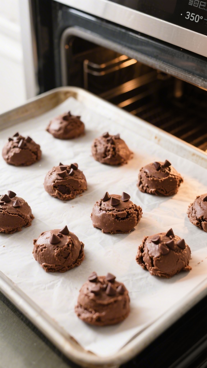 Cooking process: Overhead shot of scooped, chilled brownie-cookie batter rounds spaced on a cool par