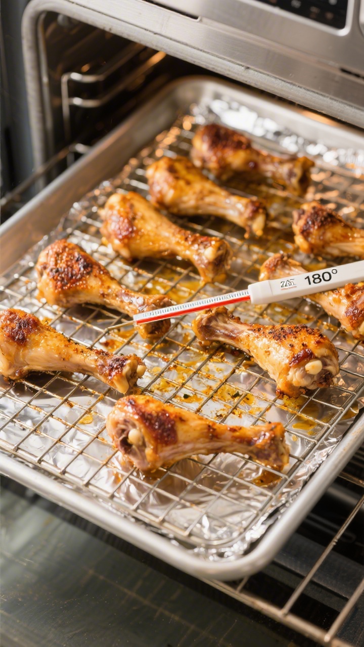 Cooking process: Overhead shot of seasoned drumsticks spaced out on an oiled wire rack over a foil-l