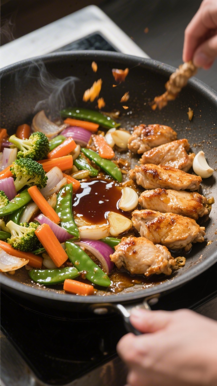Cooking process: Overhead shot of stir-fry mid-toss in a large skillet—browned chicken pieces push