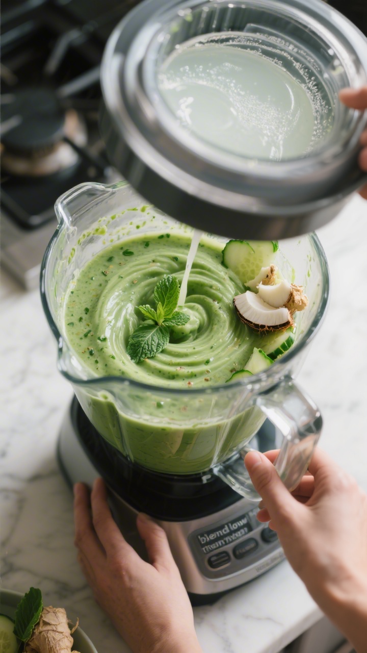 Cooking process: Overhead shot of the blender mid-whirl, showing the smoothie transitioning from chu