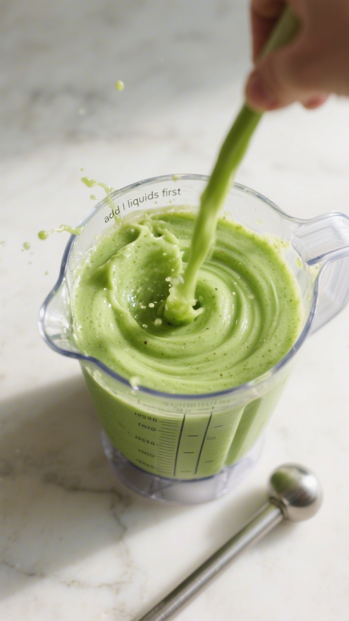 Cooking process: Overhead shot of the blending stage mid-action—smoothie swirling smoothly in an o