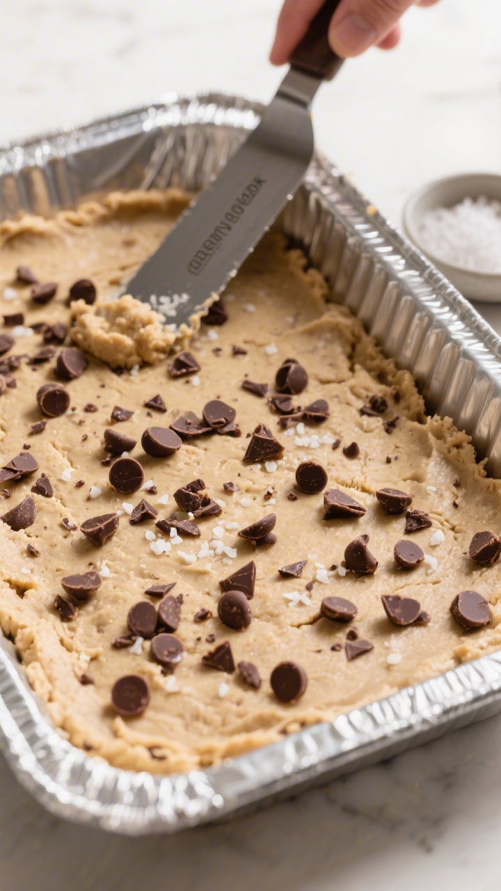 Cooking process: Overhead shot of the cookie dough being evenly pressed into the lined metal pan wit