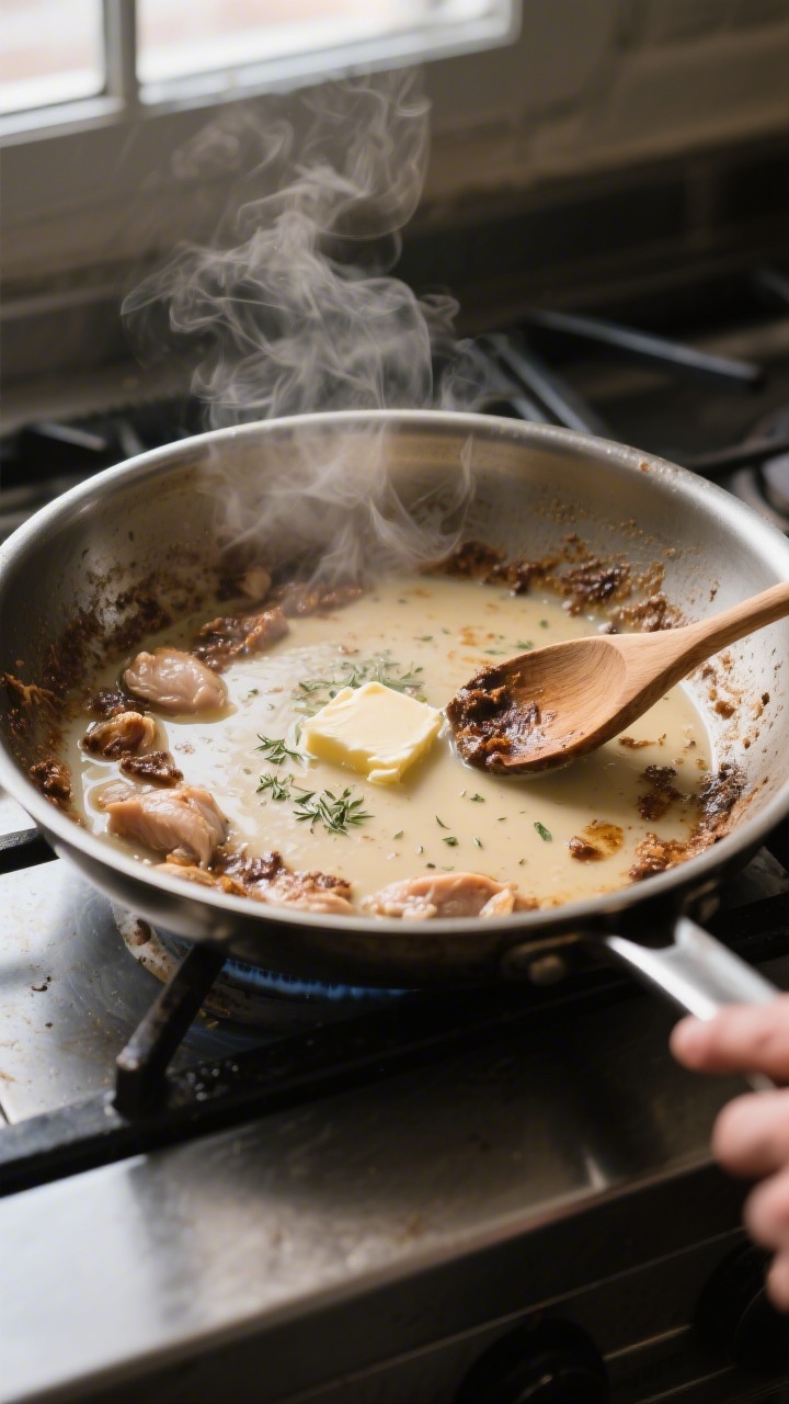 Cooking process: Overhead shot of the deglaze step—brown fond on a wide stainless skillet being tr