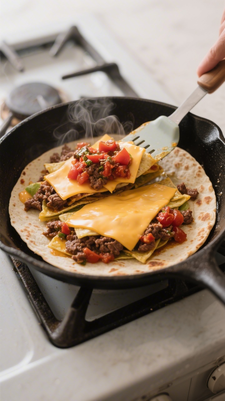 Cooking process: Overhead shot of the layered quesadilla skillet mid-cook—bottom tortilla layer li