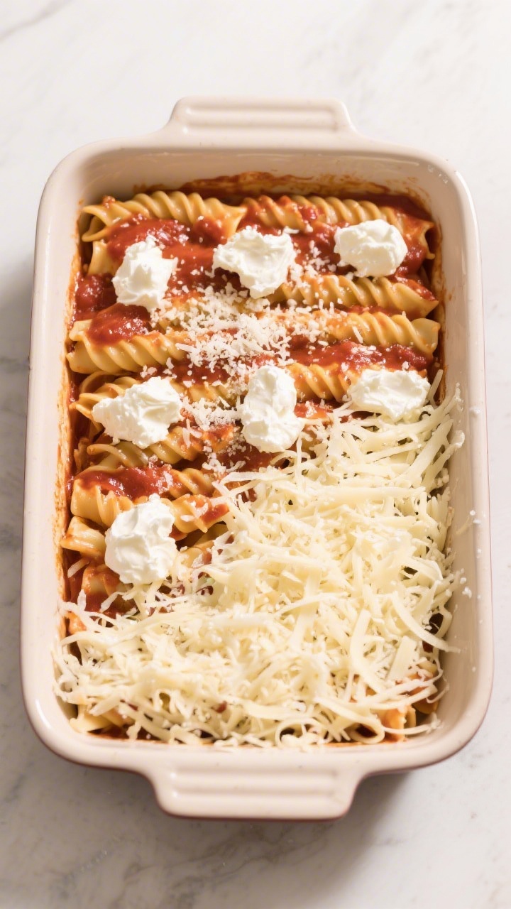 Cooking process: Overhead shot of the layering step in a 9x13 casserole—half the sauced pasta alre