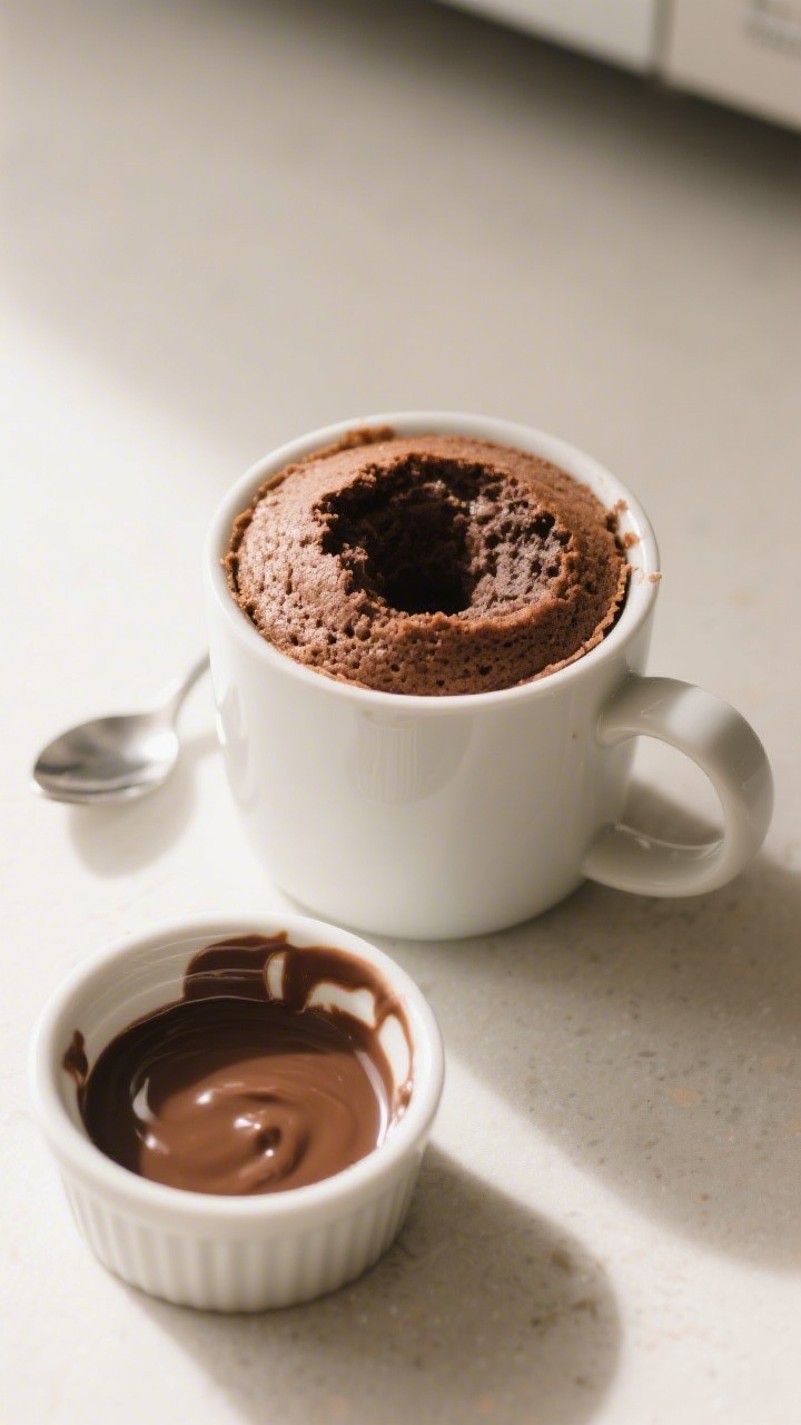 Cooking process: Overhead shot of the mug cake mid-cook rest (post-microwave), cake risen with set e