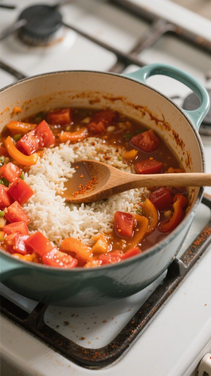 Cooking process: Overhead shot of the one-pan simmer stage in a Dutch oven—rice just absorbing bro